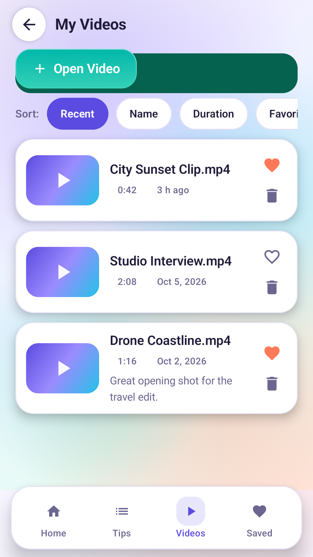 My Videos screen
